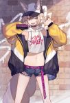  1girl :d animal_ear_fluff animal_ears armpits arms_up bangs bare_shoulders baseball_cap belt brick_wall brown_hair can choker crop_top cutoffs denim denim_shorts drawstring ear_piercing ears_through_headwear eyebrows_visible_through_hair fox_ears fox_girl fox_tail hair_between_eyes hat holding holding_can hood hood_down hoodie jacket jewelry long_sleeves looking_at_viewer midriff nail_polish navel off_shoulder open_clothes open_jacket open_mouth original piercing puffy_long_sleeves puffy_sleeves ring sharp_teeth short_hair short_shorts shorts shugao sleeveless sleeveless_hoodie sleeves_past_wrists smile solo spray_can standing stomach tail teeth thighs torn_clothes torn_shorts violet_eyes white_hoodie yellow_jacket 