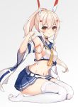  1girl ayanami_(azur_lane) azur_lane blonde_hair blue_sailor_collar blue_skirt breasts brown_eyes choker eyebrows_visible_through_hair full_body grey_background hair_between_eyes headgear long_hair looking_at_viewer medium_breasts midriff navel noboru_(kamine204136) ponytail sailor_collar sideboob simple_background sitting skirt solo thigh-highs wariza white_legwear wide_sleeves zettai_ryouiki 