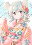 1girl :o animal animal_ears animal_on_shoulder arms_up bangs blue_sky blurry blurry_background clouds commentary_request day depth_of_field eyebrows_visible_through_hair floral_print flower grey_eyes grey_hair hagoita hair_flower hair_ornament highres hoshiibara_mato japanese_clothes kimono leaning_back looking_at_viewer mouse mouse_ears mouse_on_shoulder obi original outdoors paddle pink_kimono sash short_hair sky sleeves_past_wrists solo tree_branch 
