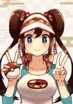  1girl absurdres bangs blue_eyes bow breasts brown_hair checkered checkered_background collarbone commentary_request double_bun double_v floral_print flower hair_between_eyes hair_flower hair_ornament highres holding holding_poke_ball katsu_(katsupainter) large_breasts light_blush long_hair looking_at_viewer mei_(pokemon) pink_bow poke_ball poke_ball_(generic) poke_ball_print pokemon pokemon_(game) pokemon_bw raglan_sleeves smile solo twintails upper_body v very_long_hair visor_cap 