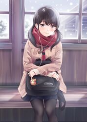  1girl backpack backpack_removed bag bangs bench black_backpack black_hair black_legwear black_skirt blurry blurry_background breath charm_(object) commentary_request depth_of_field dog duffel_coat earphones earphones eyebrows_visible_through_hair grey_eyes highres holding_backpack indoors looking_at_viewer low_twintails neckerchief original pantyhose pink_coat pleated_skirt red_neckwear red_scarf scarf school_uniform short_hair sitting skirt sleeves_past_wrists smile snowing solo sweater twintails white_sweater window winter wooden_bench yukimaru217 