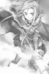  1girl abec asuna_(sao) cape closed_mouth fingerless_gloves floating_hair frown gloves greyscale highres holding holding_weapon lance long_hair long_sleeves miniskirt monochrome novel_illustration official_art pleated_skirt polearm skirt solo stance sword_art_online thigh-highs v-shaped_eyebrows very_long_hair weapon zettai_ryouiki 