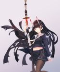  1girl azur_lane bangs between_legs black_cardigan black_hair black_legwear black_skirt blunt_bangs cardigan cherry_blossom_print gradient gradient_background groin hair_ornament hairclip highres holding holding_sword holding_weapon horns ka11_ca long_hair long_sleeves midriff navel noshiro_(azur_lane) oni_horns pantyhose pleated_skirt sailor_collar school_uniform skirt solo sword violet_eyes weapon white_sailor_collar 