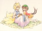  2girls acrylic_paint_(medium) all_fours alternate_color animal_ear_fluff animal_ears artist_request bangs blonde_hair bobby_socks brown_eyes brown_hair cat_ears cat_tail chen chinese_clothes circle closed_mouth commentary_request container dated dress elbow_sleeve eyebrows_visible_through_hair food fox_ears fox_tail frilled_sleeves frills full_body gradient gradient_background grass hair_between_eyes holding holding_food in_container jewelry looking_at_viewer looking_back looking_to_the_side mandarin_collar mouth_hold multiple_girls multiple_tails no_hat no_headwear no_pants no_shoes orange_bloomers orange_shirt pink_dress red_vest shirt short_hair short_sleeves single_earring sitting socks tabard tail taiyaki touhou traditional_media two_tails vest wagashi watercolor_(medium) white_legwear yakumo_ran yellow_eyes yellow_neckwear 