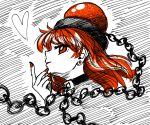  1girl bangs black_choker chain choker commentary_request earrings eyebrows_visible_through_hair from_side hand_up heart hecatia_lapislazuli highres jewelry long_hair looking_at_viewer nail_polish polos_crown profile red_eyes red_nails redhead smile solo sonosaki_kazebayashi stud_earrings touhou white_background 