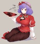  1girl alcohol arm_support artist_name bangs black_skirt blush breasts commentary_request cup dated eyebrows_visible_through_hair grey_background hair_ornament hand_up heart highres holding holding_cup large_breasts leaf_hair_ornament long_sleeves looking_at_viewer mirror mudix2 puffy_short_sleeves puffy_sleeves purple_hair red_eyes red_shirt rope sakazuki sake shadow shirt short_hair short_sleeves signature simple_background sitting skirt smile solo spoken_heart touhou translation_request yasaka_kanako yokozuwari 