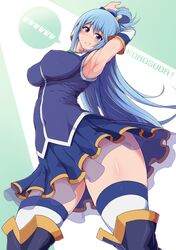  1girl aqua_(konosuba) arched_back armpits arms_up bangs blue_eyes blue_footwear blue_hair blue_shirt blue_skirt blush boots breasts copyright_name covered_nipples detached_sleeves dot_nose eyebrows_visible_through_hair from_below green_background grin hair_between_eyes hair_rings highres kono_subarashii_sekai_ni_shukufuku_wo! large_breasts lips long_hair looking_at_viewer pleated_skirt ponpo raised_eyebrows shiny shiny_hair shiny_skin shirt skirt sleeveless sleeveless_shirt smile solo standing thick_thighs thigh-highs thigh_boots thighs transparent_skirt two-tone_background white_background 