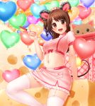  1girl :d animal_ears arm_support balloon bangs blush bow breasts brown_eyes brown_hair cheese crop_top ear_ribbon eyebrows_visible_through_hair fake_animal_ears fake_tail food garter_straps hat heart_balloon holding holding_syringe idolmaster idolmaster_cinderella_girls leaning_back leg_up lipstick long_hair looking_at_viewer makeup medium_breasts midriff mouse_ears mouse_tail navel nurse nurse_cap one_side_up open_mouth pink_bow pink_crop_top pink_skirt pocket puffy_short_sleeves puffy_sleeves shimamura_uzuki short_sleeves skirt smile swiss_cheese syringe tail teeth thigh-highs underskirt yellow_bow yoyomura 