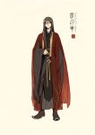  1boy adapted_costume arm_at_side artist_name beige_background black_footwear black_hair boots character_request chinese_clothes cloak closed_mouth concept_art copyright_name fate/grand_order fate_(series) frown full_body hair_between_eyes hanfu highres logo long_hair long_sleeves looking_at_viewer male_focus ribbon robe sash simple_background sleeves_past_fingers sleeves_past_wrists solo standing wide_sleeves zerocastle 