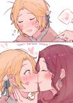  2girls blonde_hair blush brown_hair character_name closed_eyes closed_mouth dorothea_arnault earrings fire_emblem fire_emblem:_three_houses from_side green_eyes happy_birthday ingrid_brandl_galatea jewelry kiss kvlen lipstick_mark long_hair multiple_girls open_mouth ring smile yuri 