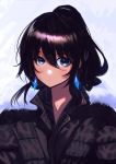  1girl bangs black_eyes black_hair black_jacket blush bukimi_isan closed_mouth commentary_request crystal earrings fur fur_trim grey_background hair_between_eyes highres jacket jewelry long_hair looking_at_viewer original ponytail simple_background solo upper_body winter_clothes zipper 