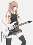  absurdres alternate_costume bare_shoulders black_legwear black_shirt brown_hair electric_guitar eyebrows_visible_through_hair girls_frontline grey_skirt guitar hair_between_eyes highres holding_guitar instrument long_hair looking_at_viewer pleated_skirt rynn_(user_rkgs8583) scar scar_across_eye shirt simple_background skirt sleeveless sleeveless_shirt thigh-highs twintails ump9_(girls_frontline) white_background 