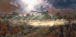  6+others artist_name chinese_commentary clouds cloudy_sky commentary_request cyclops_(girls_frontline) dark_sky fantasia_var girls_frontline grass grasslands ground_vehicle highres hydra_(girls_frontline) kcco_(girls_frontline) military military_vehicle motor_vehicle multiple_others no_humans robot sky tank 