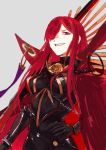  1girl absurdres arqa fate/grand_order fate_(series) grey_background grin hair_over_one_eye hand_on_hip highres long_hair looking_at_viewer oda_nobunaga_(fate)_(all) oda_nobunaga_(maou_avenger)_(fate) red_eyes redhead smile solo very_long_hair 