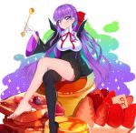  1girl bangs barefoot bb_(fate)_(all) bb_(fate/extra_ccc) black_coat black_legwear black_skirt blueberry blush breasts cheesecake closed_mouth coat crossed_legs fate/extra fate/extra_ccc fate_(series) food french_toast fruit gloves hair_ribbon high-waist_skirt highres large_breasts legs leotard long_hair long_sleeves looking_at_viewer neck_ribbon open_clothes open_coat oversized_food popped_collar pudding purple_hair red_ribbon ribbon single_thighhigh sitting skirt smile solo sparkle spoon strawberry syrup thigh-highs very_long_hair violet_eyes white_background white_gloves white_leotard wide_sleeves yuruto 