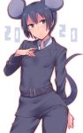  1girl 2020 androgynous animal_ears belt black_eyes black_hair black_jacket black_pants chinese_zodiac coat collared_shirt cowboy_shot em expressionless hand_on_own_chest jacket kino kino_no_tabi light_blush new_year pants parted_lips rat_ears rat_tail reverse_trap shirt shirt_under_jacket short_hair tail tomboy white_shirt year_of_the_rat 