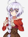  1girl absurdres ahoge alternate_hairstyle braid braided_ponytail brown_skirt dress emmxd325 grey_background hair_over_shoulder highres lavender_hair long_hair red_dress senki_zesshou_symphogear silver_hair simple_background single_braid skirt smile solo violet_eyes yukine_chris 