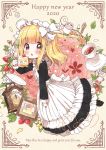  1girl apron back_bow black_dress black_footwear blonde_hair blush bow chestnut_mouth chibi clock cup daisy dot_nose dress english_text eyebrows_visible_through_hair flower food fork frilled_apron frills fruit full_body grey_eyes heart holding holding_fork jar leaf long_dress long_hair long_sleeves maid maid_apron maid_dress maid_headdress neko_satou one_side_up open_mouth original photo_(object) picture_frame plant plate shoes sidelocks signature solo spoon straight_hair strawberry strawberry_shortcake sugar_cube tea teacup vines white_bow yellow_background yellow_flower 