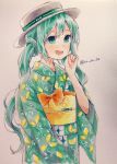  1girl :d absurdres aqua_eyes aqua_hair bow green_kimono haruta_(user_dndp3458) hat hatsune_miku highres japanese_clothes kimono lemon_print long_hair long_sleeves looking_at_viewer obi open_mouth orange_bow sash scratching_cheek smile solo traditional_media twintails twitter_username upper_body vocaloid white_headwear wide_sleeves 