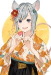  1girl 2020 absurdres animal_ears blue_eyes brown_nails chinese_zodiac floral_print flower green_flower grey_hair hair_flower hair_ornament heart highres japanese_clothes medium_hair mouse_ears mouse_tail open_mouth original red_flower sako_(35s_00) smile tail upper_teeth year_of_the_rat 