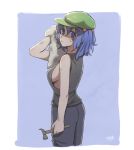  blue_eyes blue_hair breasts dirty_clothes hammer hat highres kawashiro_nitori short_hair sideboob sweat tank_top 