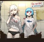  2girls :t black_choker black_panties blue_hair breasts brushing_teeth choker clothes_writing commentary_request cross earrings eating elf english_text failure gogalking hand_on_hip highres jewelry korean_commentary licking_lips long_hair low_twintails mirror_image multiple_girls original pale_skin panties pink_eyes pointy_ears ponytail red_eyes sign silver_hair sleepy slit_pupils small_breasts tongue tongue_out toothbrush twintails underwear very_long_hair 