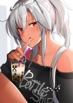  1girl bangs bare_shoulders black_bow black_nails blush bow breasts bubble_tea cup dark_skin disposable_cup drinking_straw eyebrows_visible_through_hair eyewear_on_head glasses hair_between_eyes hair_bow highres holding holding_cup kantai_collection large_breasts long_hair looking_at_viewer musashi_(kantai_collection) off-shoulder_shirt off_shoulder red_eyes remodel_(kantai_collection) shirt simple_background sitting smile solo twintails yunamaro 