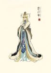  adapted_costume artist_name bangs beige_background blonde_hair blunt_bangs character_request chinese_clothes closed_mouth coat concept_art copyright_name fate/grand_order fate_(series) full_body fur_trim hand_on_own_chest hanfu highres logo long_hair long_sleeves looking_at_viewer ribbon robe sash see-through shawl simple_background smile solo standing tassel wide_sleeves xiao_guan_(headdress) zerocastle 