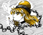  1girl alternate_eye_color alternate_hair_color bangs black_choker chain choker commentary_request earrings eyebrows_visible_through_hair from_side hand_up heart hecatia_lapislazuli highres jewelry long_hair looking_at_viewer nail_polish orange_eyes orange_hair orange_nails polos_crown profile smile solo sonosaki_kazebayashi stud_earrings touhou white_background 