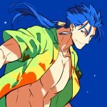  1boy blue_background blue_hair cu_chulainn_(fate)_(all) exposed_muscle fate/hollow_ataraxia fate_(series) hawaiian_shirt kon_manatsu lancer looking_at_viewer muscle open_clothes open_shirt ponytail red_eyes shirt simple_background smile solo 