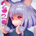  2020 animal animal_ears animal_on_head bangs blunt_bangs chinese_zodiac grey_background grey_hair highres holding holding_animal medium_hair mita_chisato mouse mouse_ears on_head open_mouth original pink_eyes pink_hair year_of_the_rat 