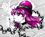  1girl alternate_eye_color alternate_hair_color bangs black_choker chain choker commentary_request earrings eyebrows_visible_through_hair from_side hand_up heart hecatia_lapislazuli highres jewelry long_hair looking_at_viewer nail_polish polos_crown profile purple_hair purple_nails smile solo sonosaki_kazebayashi stud_earrings touhou violet_eyes white_background 