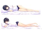  1girl absurdres aoyama_sumika breast_hold breasts buruma coffee-kizoku dakimakura feet gym_uniform gymnastics highres looking_at_viewer original scan short_hair smile solo 