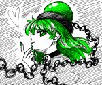  1girl alternate_eye_color alternate_hair_color bangs black_choker chain choker commentary_request earrings eyebrows_visible_through_hair from_side green_eyes green_hair green_nails hand_up heart hecatia_lapislazuli highres jewelry long_hair looking_at_viewer nail_polish polos_crown profile smile solo sonosaki_kazebayashi stud_earrings touhou white_background 
