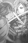  2girls abec bangs braid cape clenched_teeth gloves greyscale highres holding holding_sword holding_weapon kizmel monochrome multiple_girls novel_illustration official_art parted_bangs pointy_ears sword sword_art_online teeth upper_body weapon 