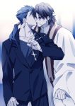  2boys alternate_costume blue_hair brown_eyes brown_hair cassock cheek_kiss cheekbones cross cross_necklace cu_chulainn_(fate)_(all) fate/stay_night fate_(series) formal jewelry kiss kon_manatsu kotomine_kirei lancer long_hair male_focus multiple_boys necklace necklace_pull ponytail priest stole suit yaoi 