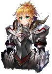  1girl armor blonde_hair blush cawang closed_mouth commentary_request fate/apocrypha fate/grand_order fate_(series) green_eyes hair_ornament hair_scrunchie highres long_hair looking_at_viewer mordred_(fate) mordred_(fate)_(all) ponytail red_scrunchie scrunchie simple_background smile solo white_background 