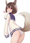  1girl absurdres animal_ear_fluff animal_ears ass bangs blue_shirt blush brown_hair commentary_request dog_ears dog_tail from_behind hair_between_eyes heart highres looking_at_viewer original panties red_eyes shirt short_hair simple_background sleeves_past_fingers sleeves_past_wrists solo tail tongue tongue_out tttanggvl underwear white_background white_panties white_shirt 