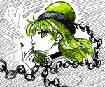  1girl alternate_eye_color alternate_hair_color bangs black_choker chain choker commentary_request earrings eyebrows_visible_through_hair from_side green_eyes green_hair green_nails hand_up heart hecatia_lapislazuli highres jewelry long_hair looking_at_viewer nail_polish polos_crown profile smile solo sonosaki_kazebayashi stud_earrings touhou white_background 
