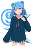  (9) 1girl alternate_costume arm_at_side arm_up blue_hoodie bow cirno cowboy_shot drawstring eyebrows_visible_through_hair fang hair_bow hand_on_own_chest head_tilt highres hood hood_down hoodie looking_at_viewer mizune_(winter) simple_background skin_fang sleeves_past_wrists smile solo standing touhou white_background wings 