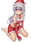  1girl blush chaika_trabant christmas elbow_gloves gloves hare_(haaale) hat highres hitsugi_no_chaika long_hair looking_at_viewer navel open_mouth silver_hair simple_background skirt solo violet_eyes white_background white_hair 