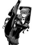  1girl absurdres ass bangs blazer blush breasts drooling gggg greyscale highres jacket looking_at_viewer monochrome pantyhose persona persona_5 persona_5_the_royal ponytail school_uniform skirt smile solo split standing standing_on_one_leg standing_split sweat turtleneck yoshizawa_kasumi 