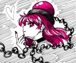  1girl alternate_eye_color alternate_hair_color bangs black_choker chain choker commentary_request earrings eyebrows_visible_through_hair from_side hand_up heart hecatia_lapislazuli highres jewelry long_hair looking_at_viewer nail_polish pink_eyes pink_hair pink_nails polos_crown profile smile solo sonosaki_kazebayashi stud_earrings touhou white_background 