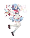  1girl arm_up blue_hair blush bow breasts brown_footwear cake eyebrows_visible_through_hair food full_body hair_bow holding holding_tray looking_at_viewer medium_breasts nagu neckerchief open_mouth original plate puffy_short_sleeves puffy_sleeves red_bow red_eyes red_neckwear short_hair short_sleeves slice_of_cake smile solo thigh-highs tray upper_teeth v white_legwear wrist_cuffs 
