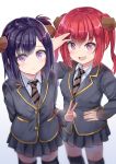  2girls :d absurdres alternate_hairstyle black_hair black_legwear black_skirt blazer blurry blurry_foreground blush collared_shirt demon_horns depth_of_field diagonal-striped_neckwear diagonal_stripes eyebrows_visible_through_hair fang gabriel_dropout hair_between_eyes hair_ornament hairclip hand_on_hip highres horns jacket kurumizawa_satanichia_mcdowell long_sleeves looking_at_viewer multiple_girls necktie open_mouth pink_eyes pleated_skirt redhead school_uniform shirt skirt smile striped striped_neckwear sweatdrop tenma-gav thigh-highs tsukinose_vignette_april twintails v v-shaped_eyebrows violet_eyes white_shirt wing_collar 