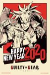  1boy 2020 arc_system_works commentary commission commissioner_upload copyright_name english_commentary forehead_protector grin guilty_gear guilty_gear_strive happy_new_year high_contrast higuchi_konomi huge_weapon male_focus new_year official_art over_shoulder ponytail smile sol_badguy solo spiky_hair sword sword_over_shoulder weapon weapon_over_shoulder 