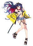 1girl alternate_costume bangs bare_shoulders bikini black_bikini black_bow black_footwear black_hair blush bow breasts choker closed_mouth collarbone denim denim_shorts earphones earphones earrings fate/grand_order fate_(series) full_body hair_bow highres hoop_earrings ishtar_(fate)_(all) jacket jewelry katana legs long_hair long_sleeves looking_at_viewer luobo_(nsnr8754) multicolored_hair navel off_shoulder open_clothes open_jacket parted_bangs red_eyes redhead sandals sheath short_shorts shorts simple_background small_breasts solo space_ishtar_(fate) swimsuit sword tiara two-tone_hair two_side_up weapon white_background yellow_jacket 