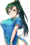  1girl absurdres blue_dress breasts cowboy_shot dress expressionless fire_emblem fire_emblem:_the_blazing_blade green_eyes green_hair highres hirotaka_(hrtk990203) large_breasts long_hair looking_at_viewer lyn_(fire_emblem) ponytail short_sleeves side_slit simple_background sketch solo thighs white_background 