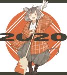  1girl 2020 :d ahoge animal_ears baggy_pants black_hair boots brown_footwear chinese_zodiac cross-laced_footwear eyebrows_visible_through_hair grey_pants kawashina_(momen_silicon) lace-up_boots looking_at_viewer mouse_ears new_year open_mouth original pants red_eyes short_hair smile solo year_of_the_rat 