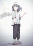  1girl angel_wings baggy_pants black_pants blush closed_mouth collarbone detached_wings dot_nose feathered_wings flat_chest full_body green_eyes grey_hair halo hand_in_pocket highres light_frown looking_at_viewer looking_down medium_hair multicolored_hair original pants remil shadow shirt shoes side_ponytail sneakers socks solo standing streaked_hair white_background white_footwear white_legwear white_shirt white_wings wings 